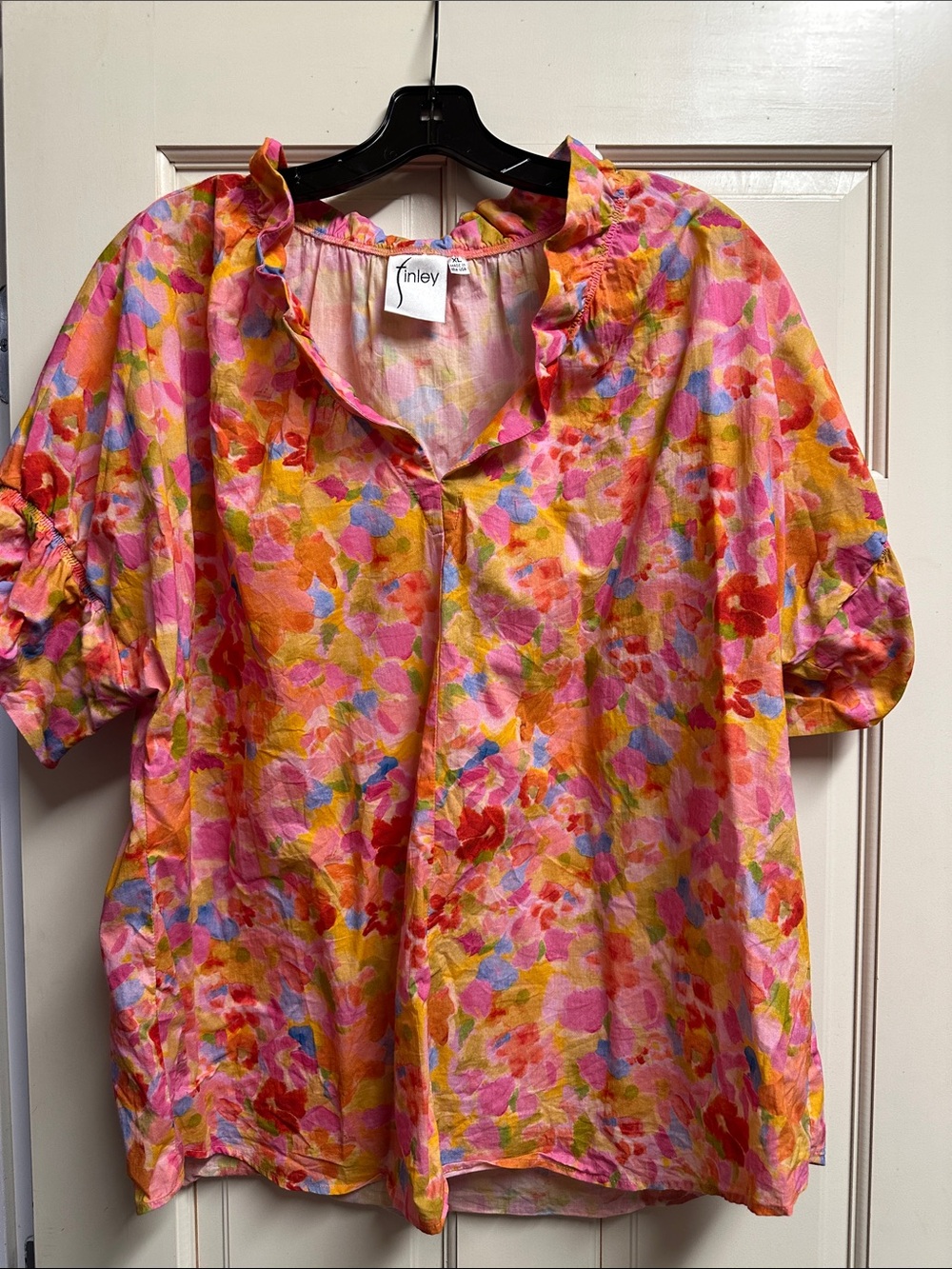 Finley Pink Floral Ruffle Neck Short Puff Sleeve Top